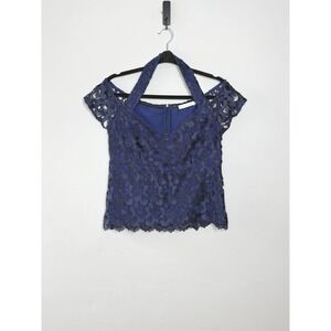 Anne Fontaine Blouse Womens 10 Blue French Lace Cold Shoulder Halter Top Formal